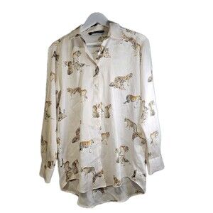 Zara Animal Print Tiger Blouse XS Ivory Safari Chic Lightweight Shirt